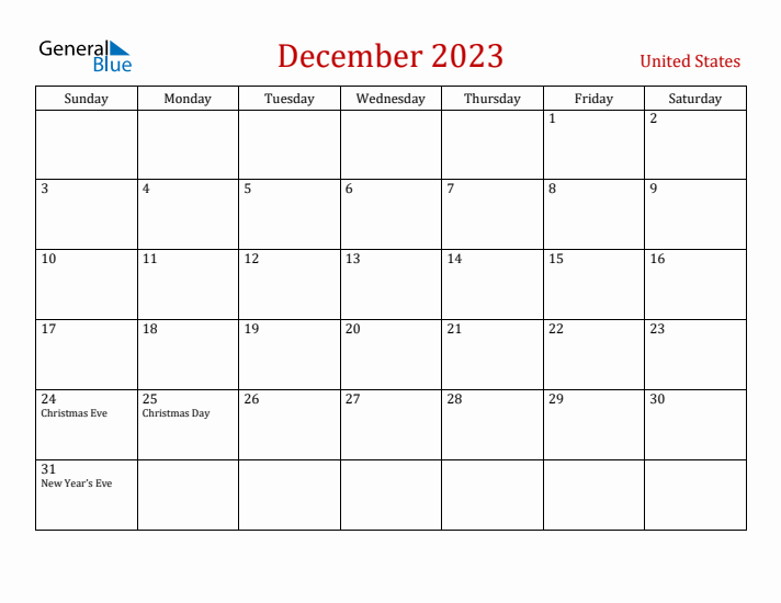 United States December 2023 Calendar - Sunday Start