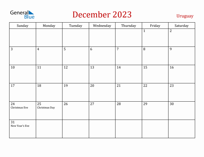 Uruguay December 2023 Calendar - Sunday Start