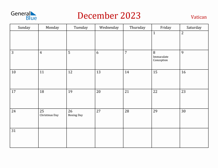 Vatican December 2023 Calendar - Sunday Start