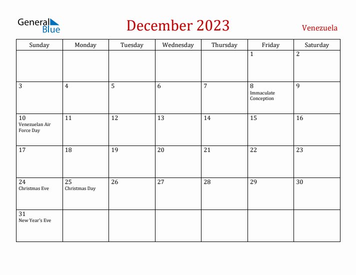 Venezuela December 2023 Calendar - Sunday Start
