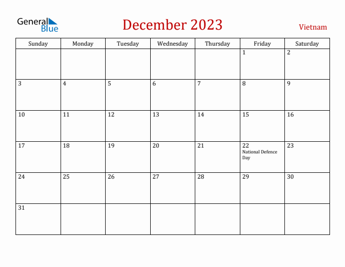 Vietnam December 2023 Calendar - Sunday Start