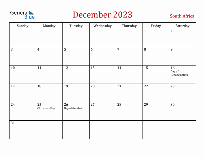 South Africa December 2023 Calendar - Sunday Start