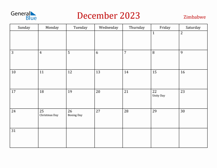 Zimbabwe December 2023 Calendar - Sunday Start