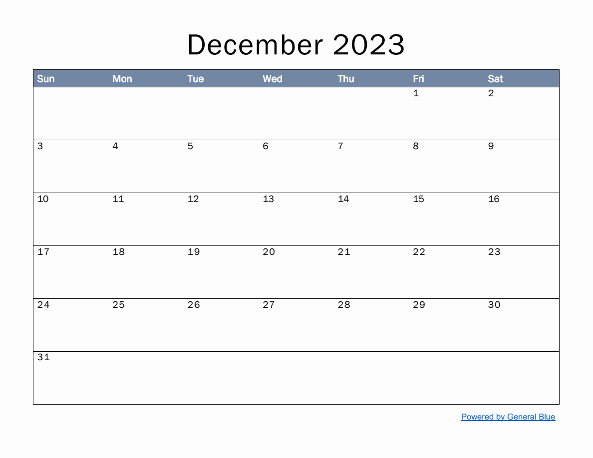 Monthly Calendar Template for December 2023