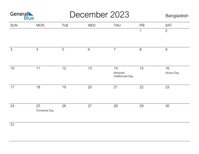 Printable December 2023 Calendar for Bangladesh