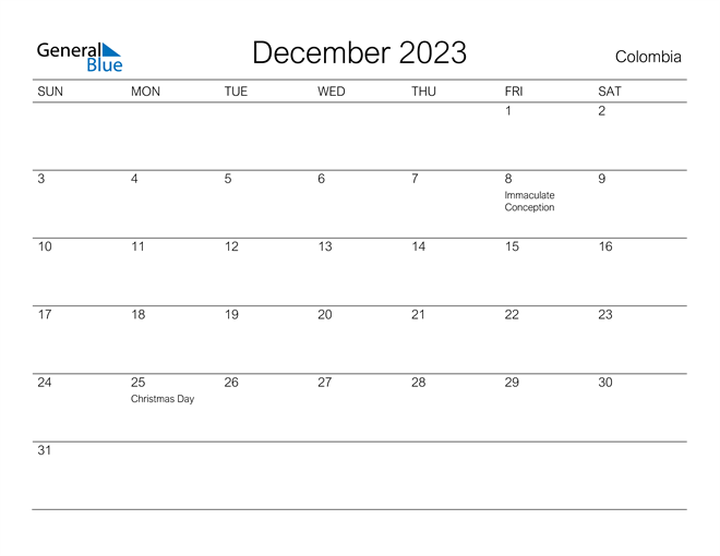 Printable December 2023 Calendar for Colombia