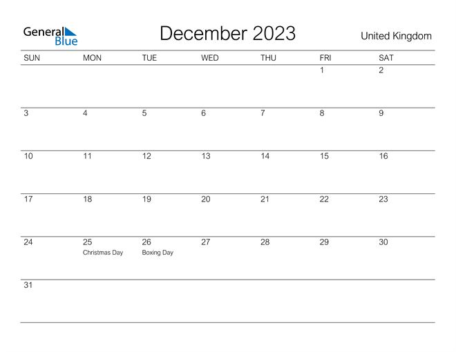 Printable December 2023 Calendar for United Kingdom