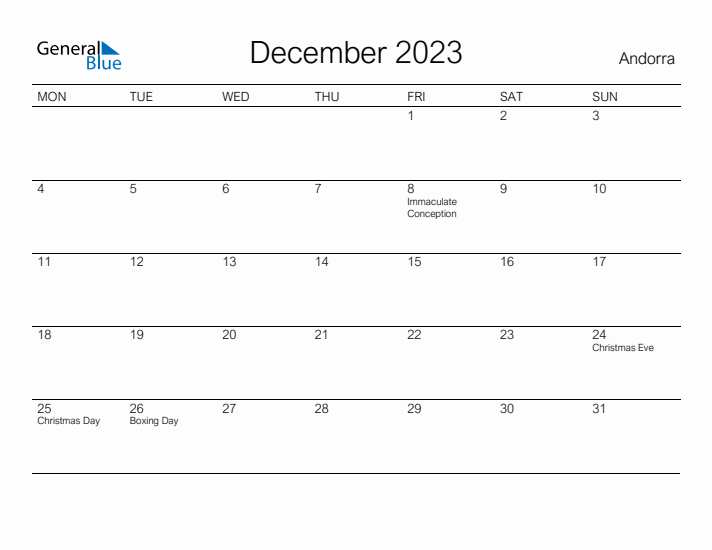 Printable December 2023 Calendar for Andorra