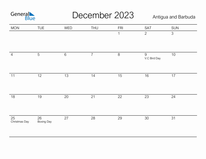 Printable December 2023 Calendar for Antigua and Barbuda