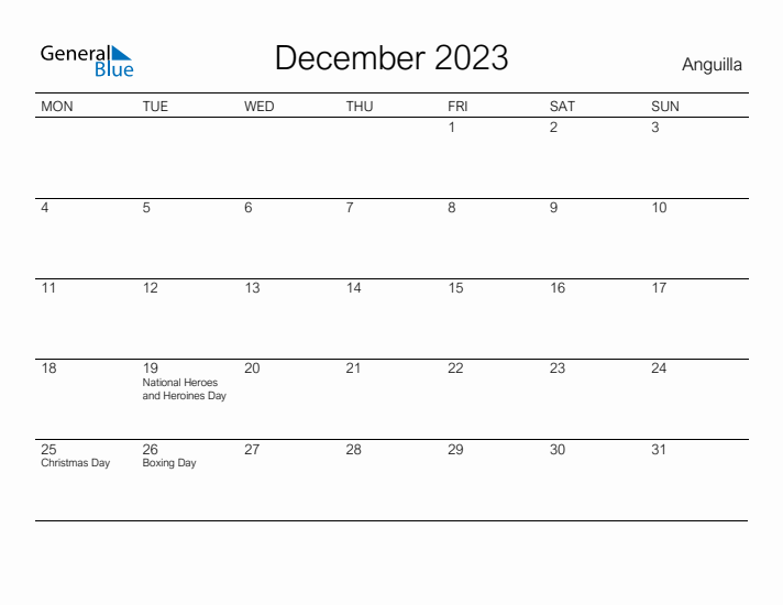 Printable December 2023 Calendar for Anguilla