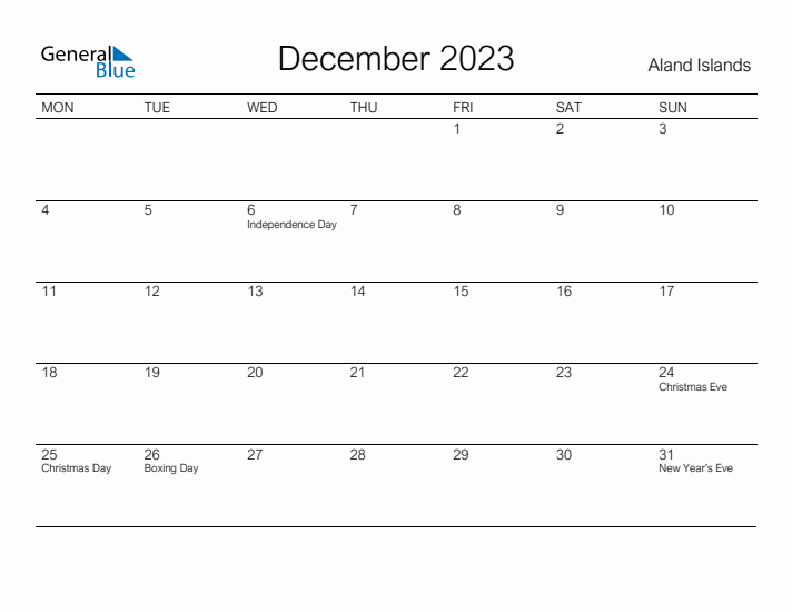 Printable December 2023 Calendar for Aland Islands