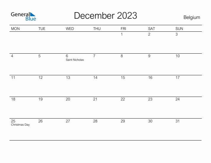 Printable December 2023 Calendar for Belgium