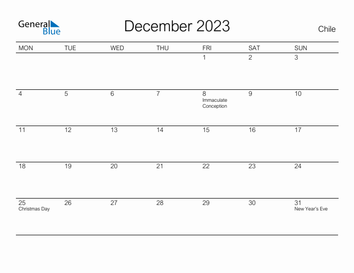 Printable December 2023 Calendar for Chile