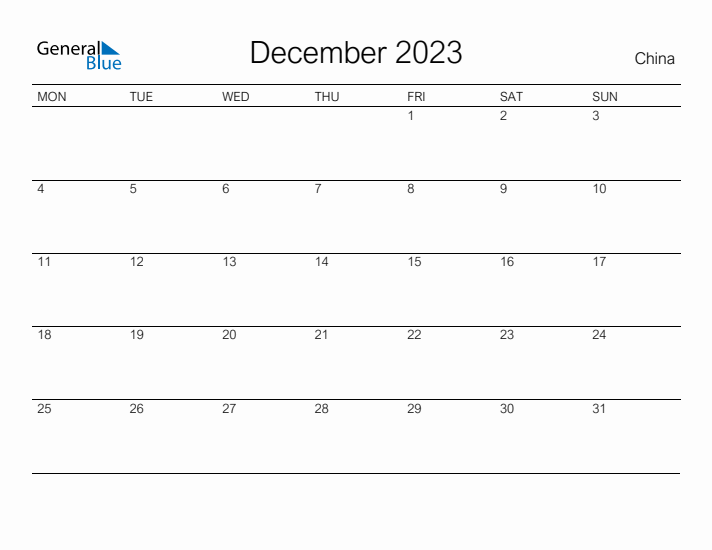 Printable December 2023 Calendar for China