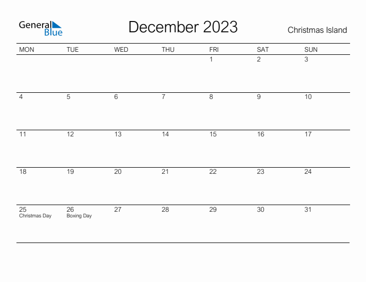 Printable December 2023 Calendar for Christmas Island