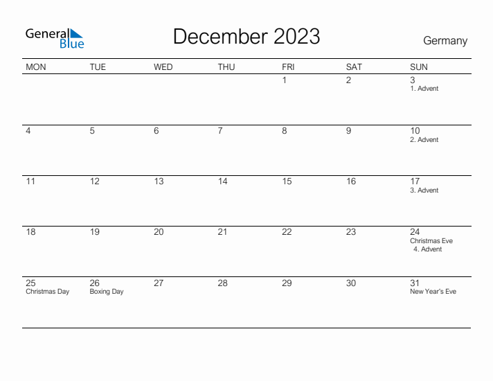 Printable December 2023 Calendar for Germany
