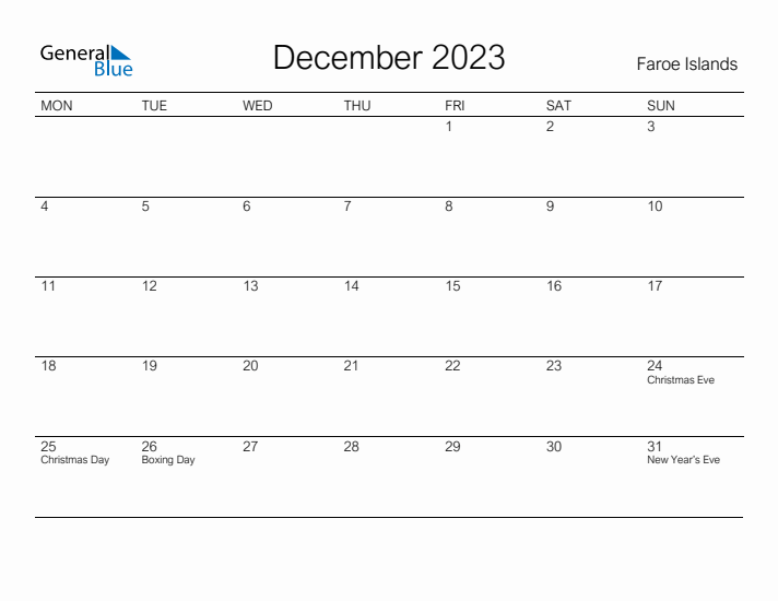 Printable December 2023 Calendar for Faroe Islands