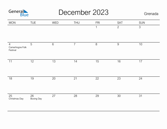 Printable December 2023 Calendar for Grenada