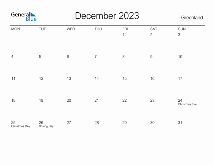 Printable December 2023 Calendar for Greenland