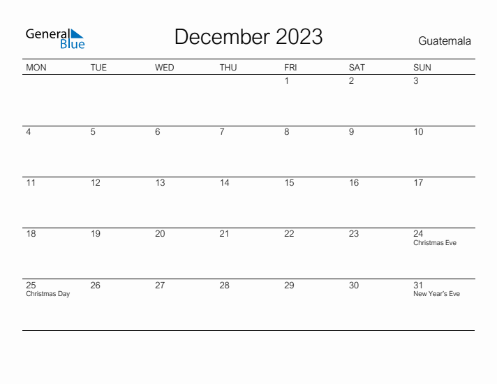 Printable December 2023 Calendar for Guatemala