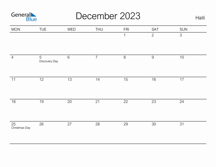 Printable December 2023 Calendar for Haiti