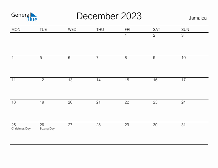 Printable December 2023 Calendar for Jamaica