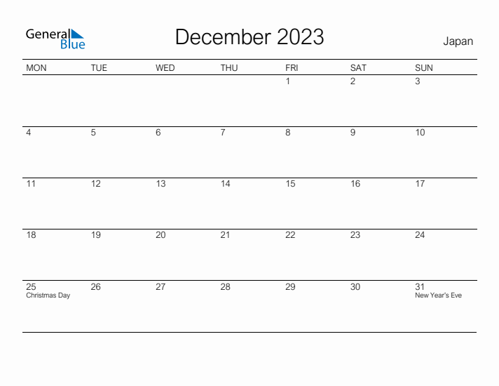 Printable December 2023 Calendar for Japan
