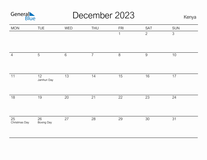 Printable December 2023 Calendar for Kenya