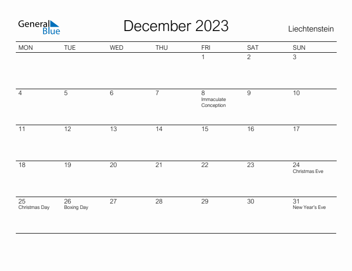 Printable December 2023 Calendar for Liechtenstein