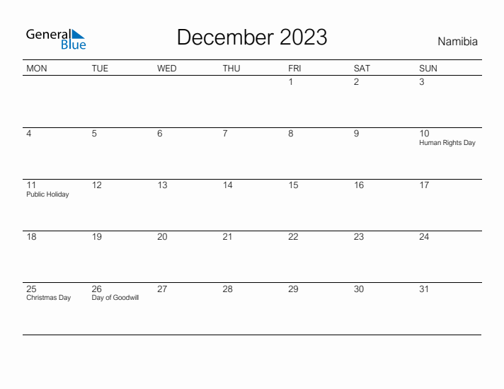 Printable December 2023 Calendar for Namibia