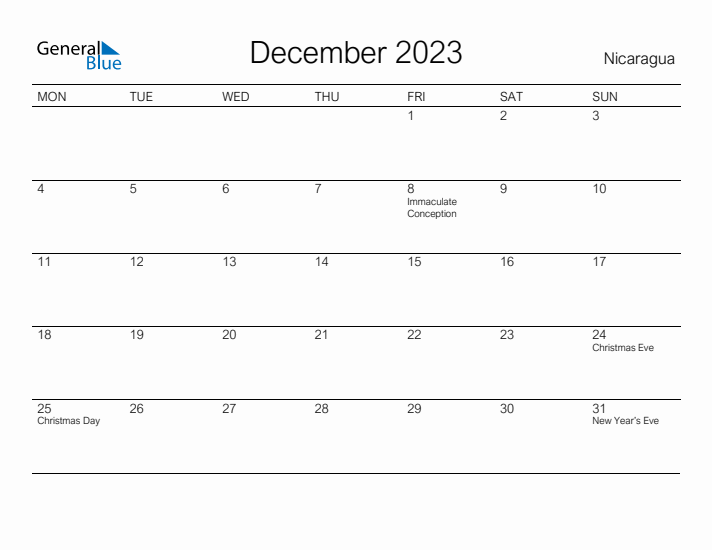 Printable December 2023 Calendar for Nicaragua