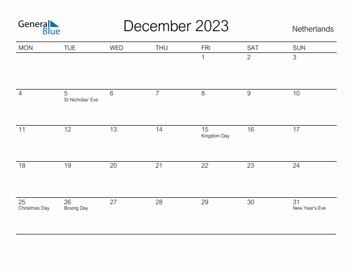 Printable December 2023 Calendar for The Netherlands