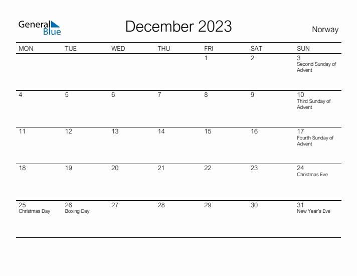 Printable December 2023 Calendar for Norway