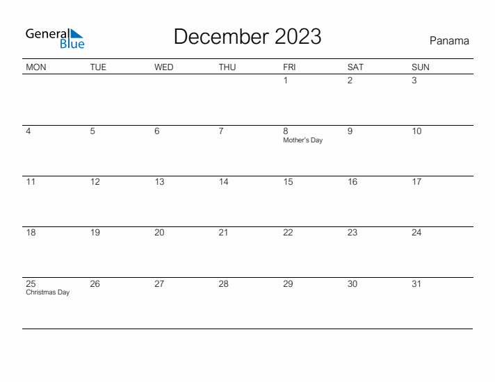 Printable December 2023 Calendar for Panama