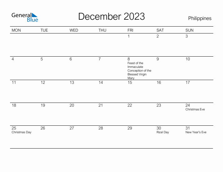 Printable December 2023 Calendar for Philippines