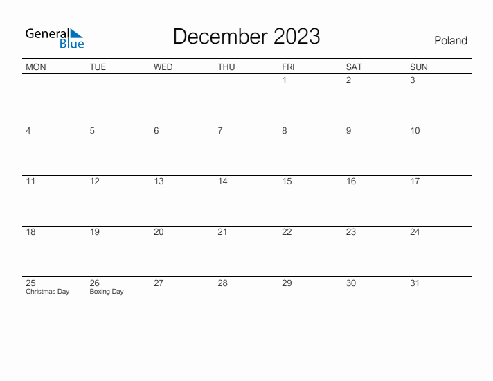 Printable December 2023 Calendar for Poland