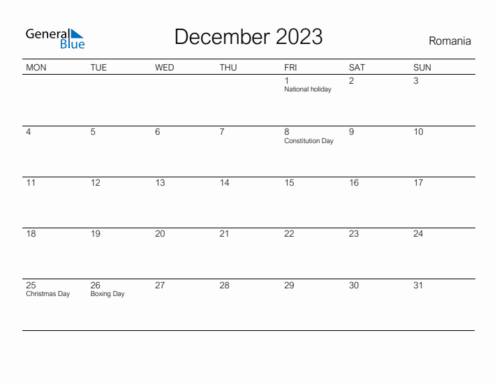 Printable December 2023 Calendar for Romania
