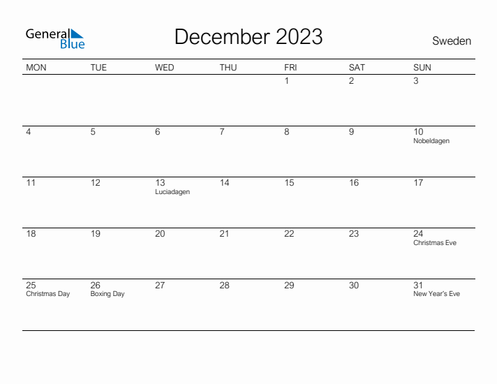 Printable December 2023 Calendar for Sweden