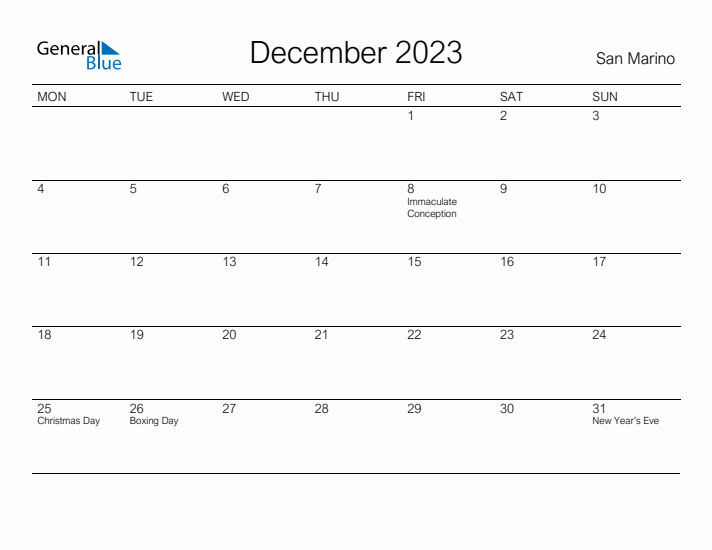 Printable December 2023 Calendar for San Marino