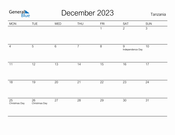 Printable December 2023 Calendar for Tanzania