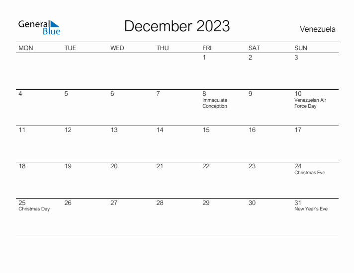 Printable December 2023 Calendar for Venezuela