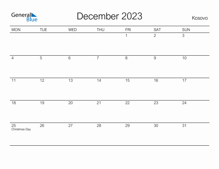 Printable December 2023 Calendar for Kosovo