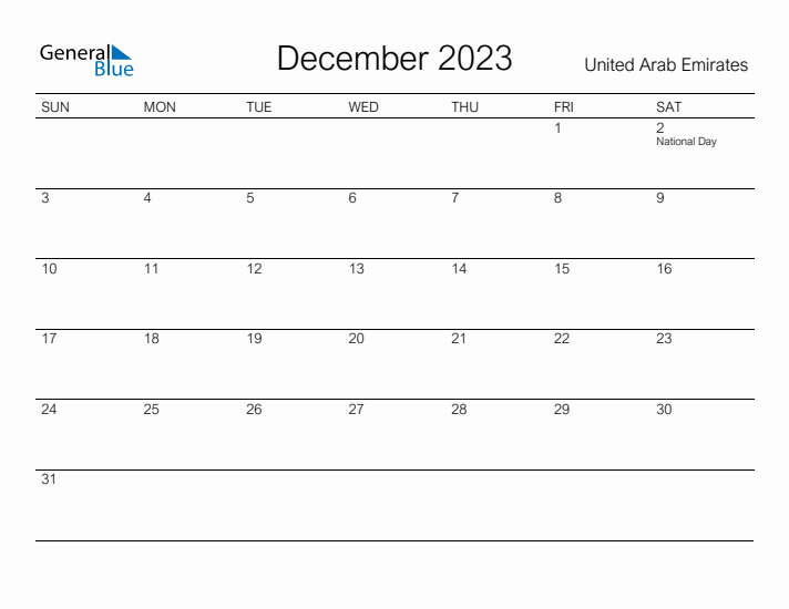 Printable December 2023 Calendar for United Arab Emirates