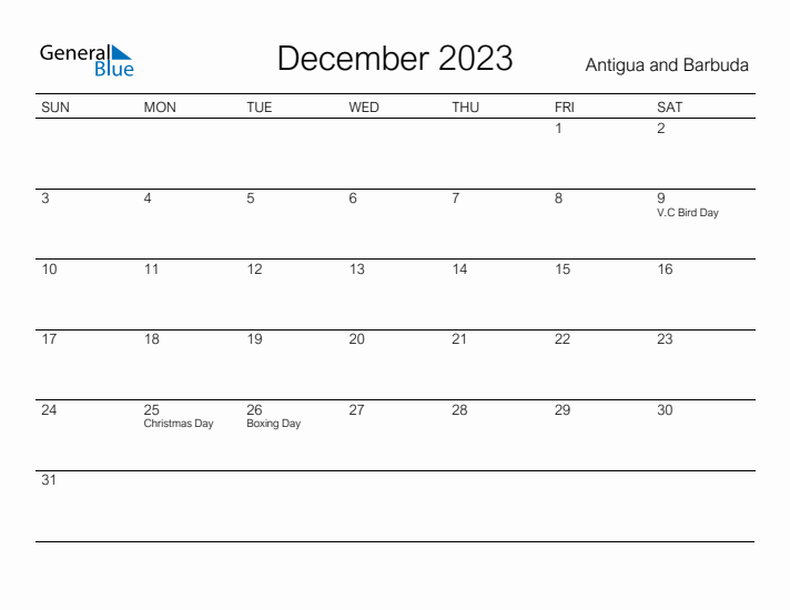 Printable December 2023 Calendar for Antigua and Barbuda