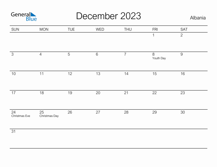 Printable December 2023 Calendar for Albania