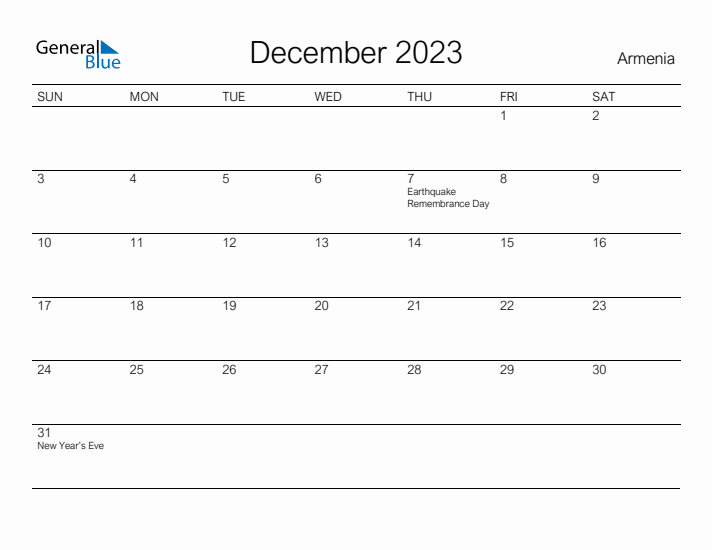 Printable December 2023 Calendar for Armenia