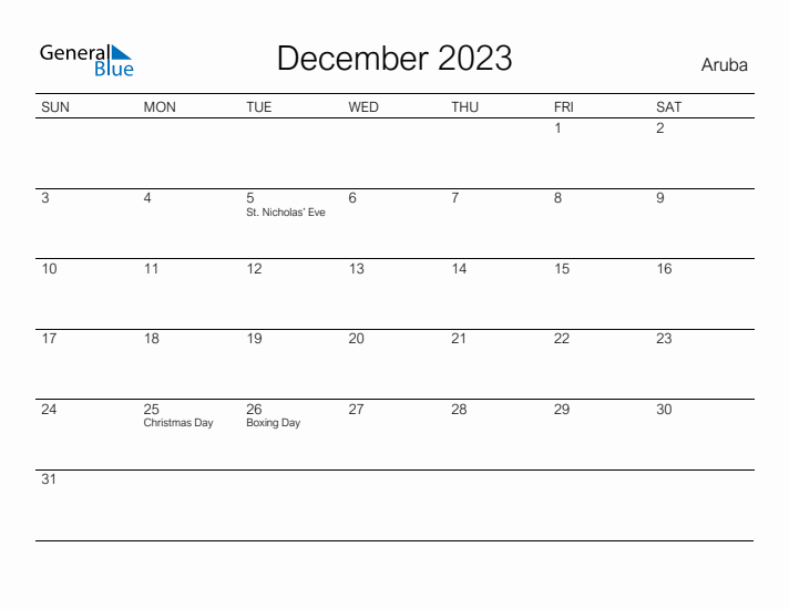 Printable December 2023 Calendar for Aruba
