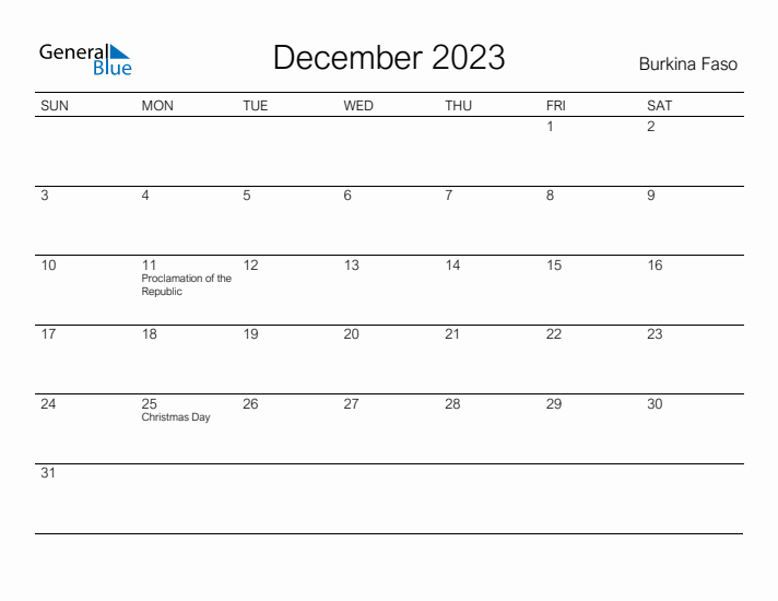Printable December 2023 Calendar for Burkina Faso