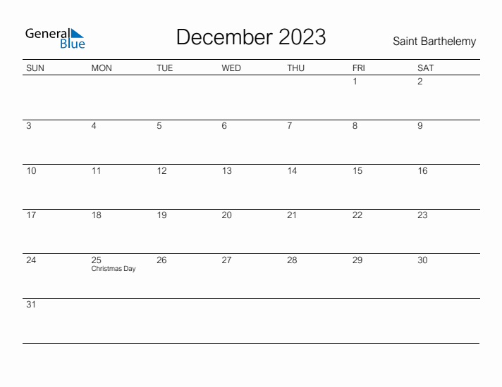 Printable December 2023 Calendar for Saint Barthelemy