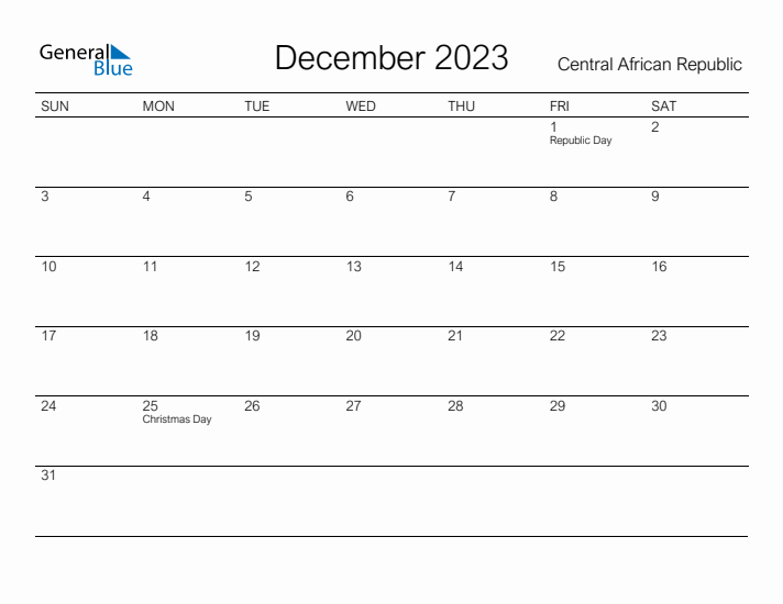 Printable December 2023 Calendar for Central African Republic